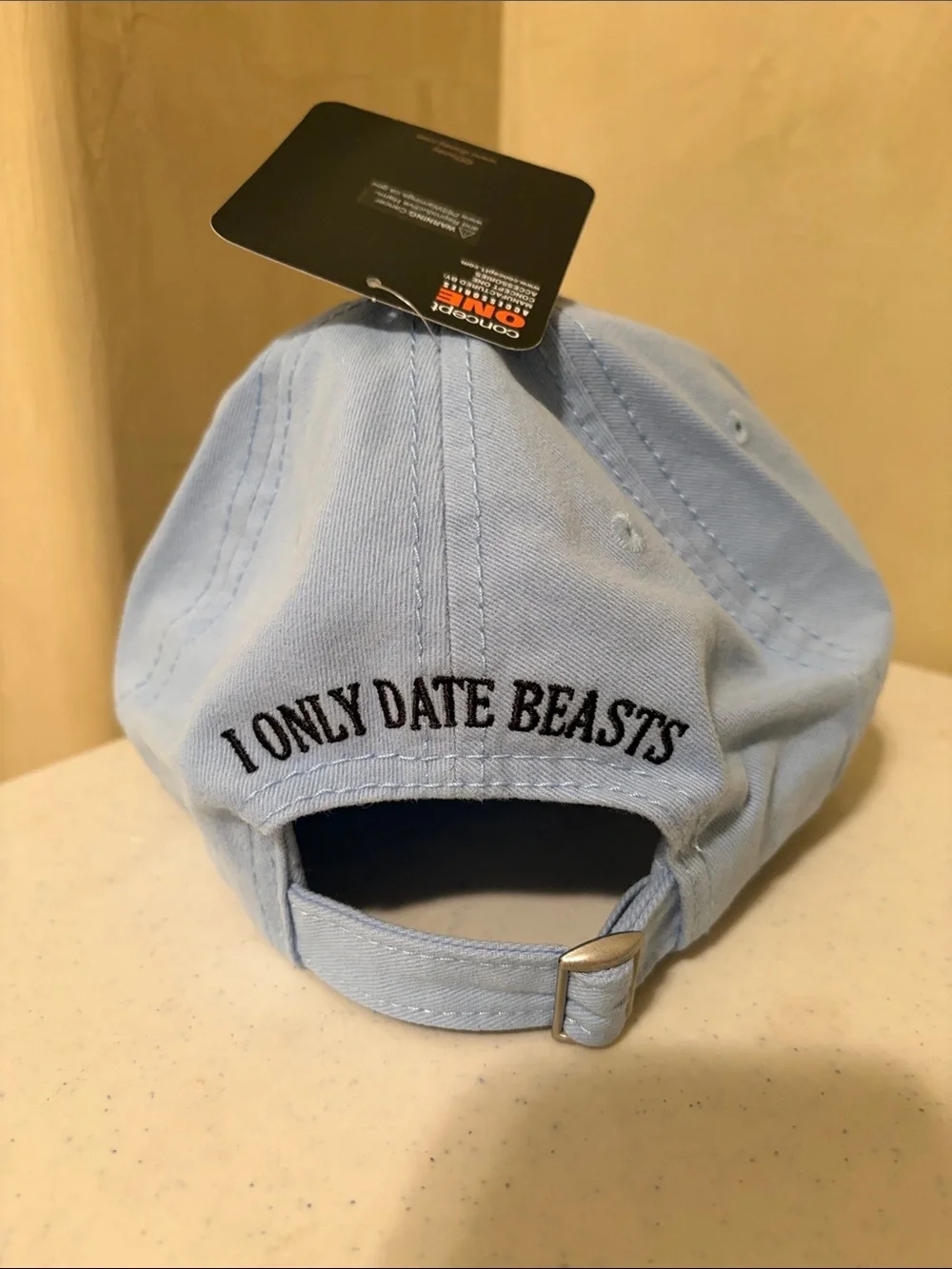 Disney Light Blue Baseball Cap with Red Rose and “I ONLY DATE BEASTS” Embroidery